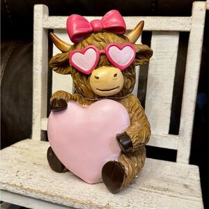 Cute Brown and Pink highland Cow Figurine with heart